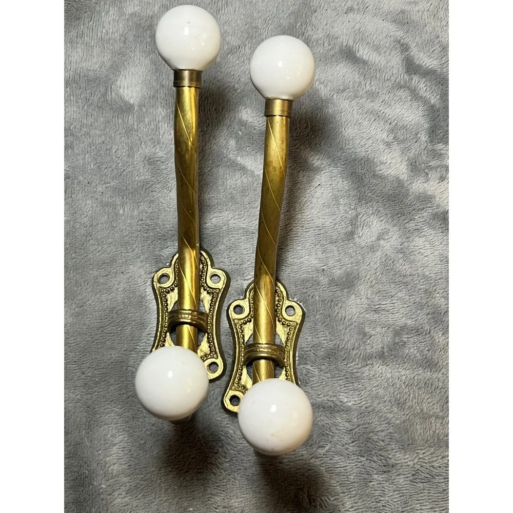 Vintage Brass Double Wall Hooks White Ceramic Knobs Taiwan Coat Hat Towel Pair